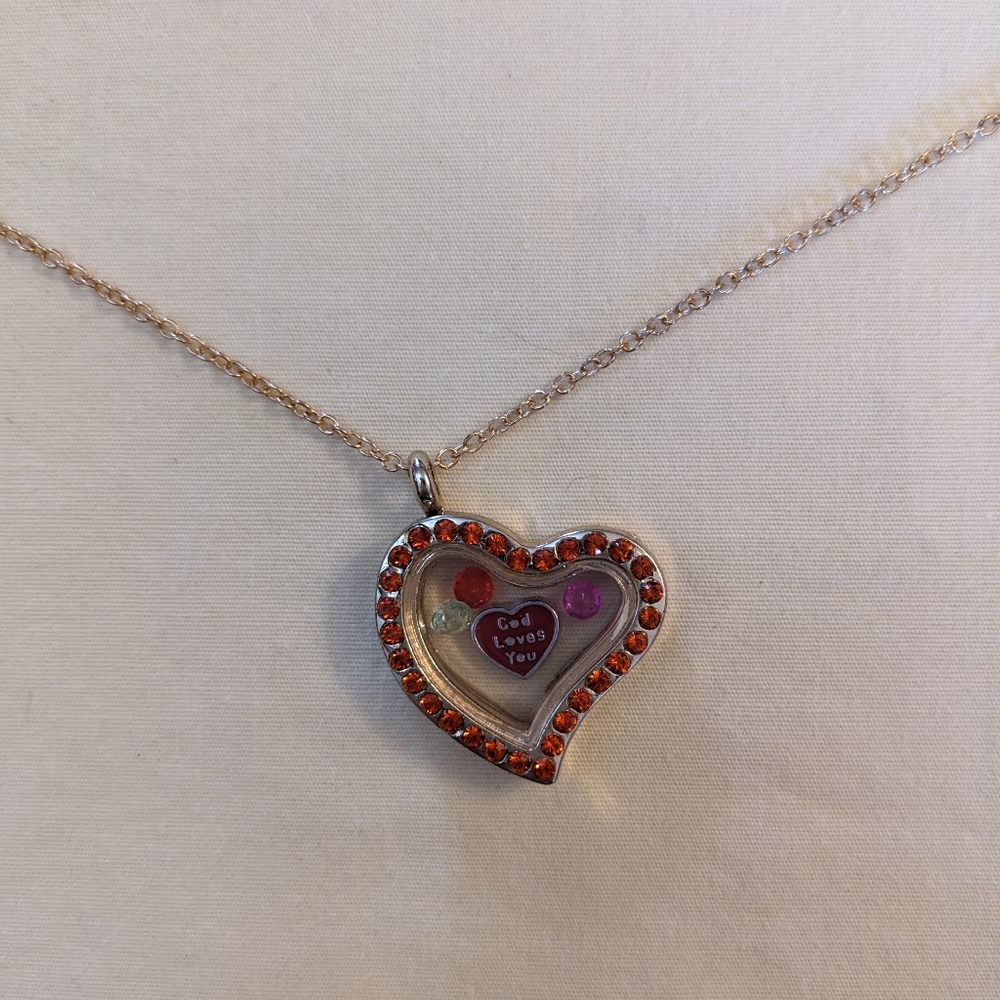 Floating Charm Locket Necklace Orange Rhinestone Memory Pendant Gold Tone T5B8E